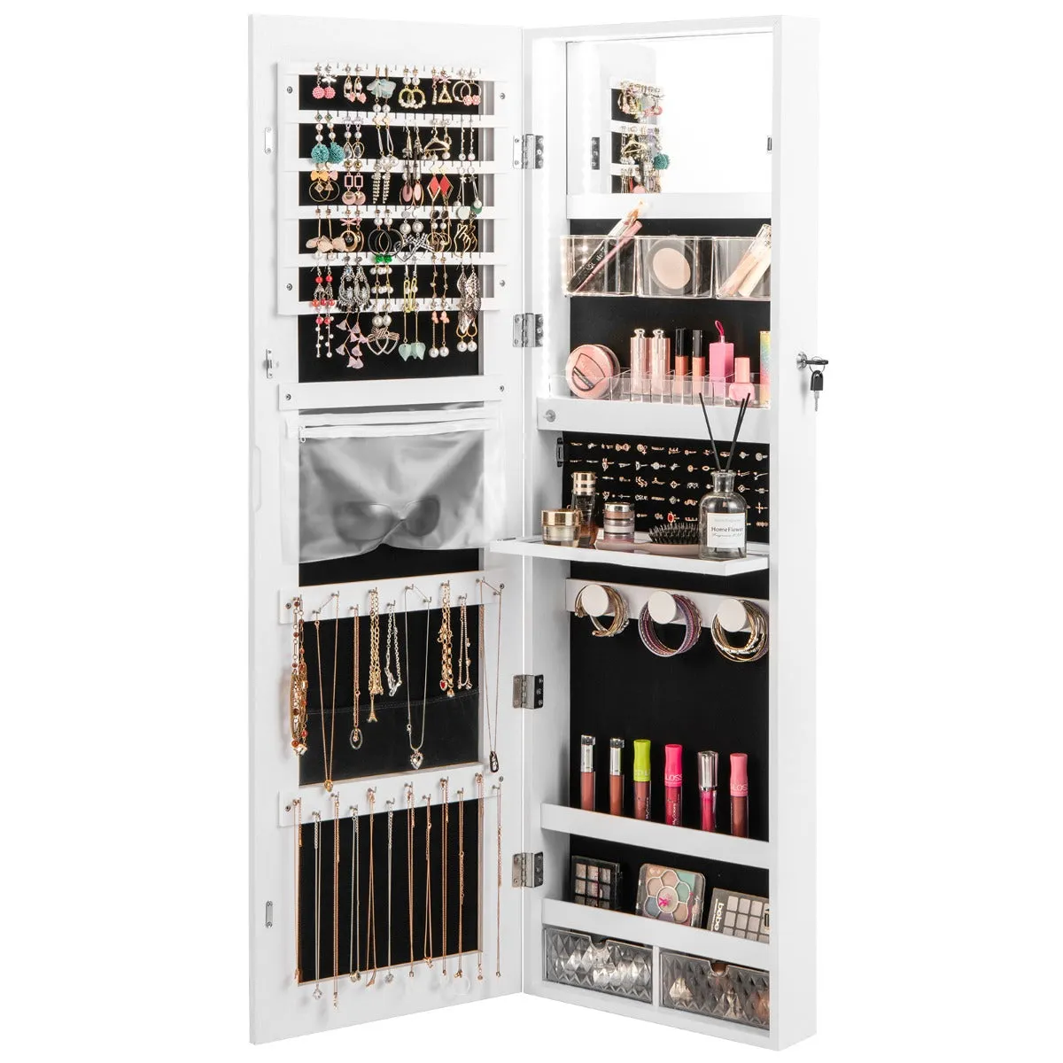 NNECW Lockable Mirror Jewelry Cabinet with 3-Colour LED Light-White
