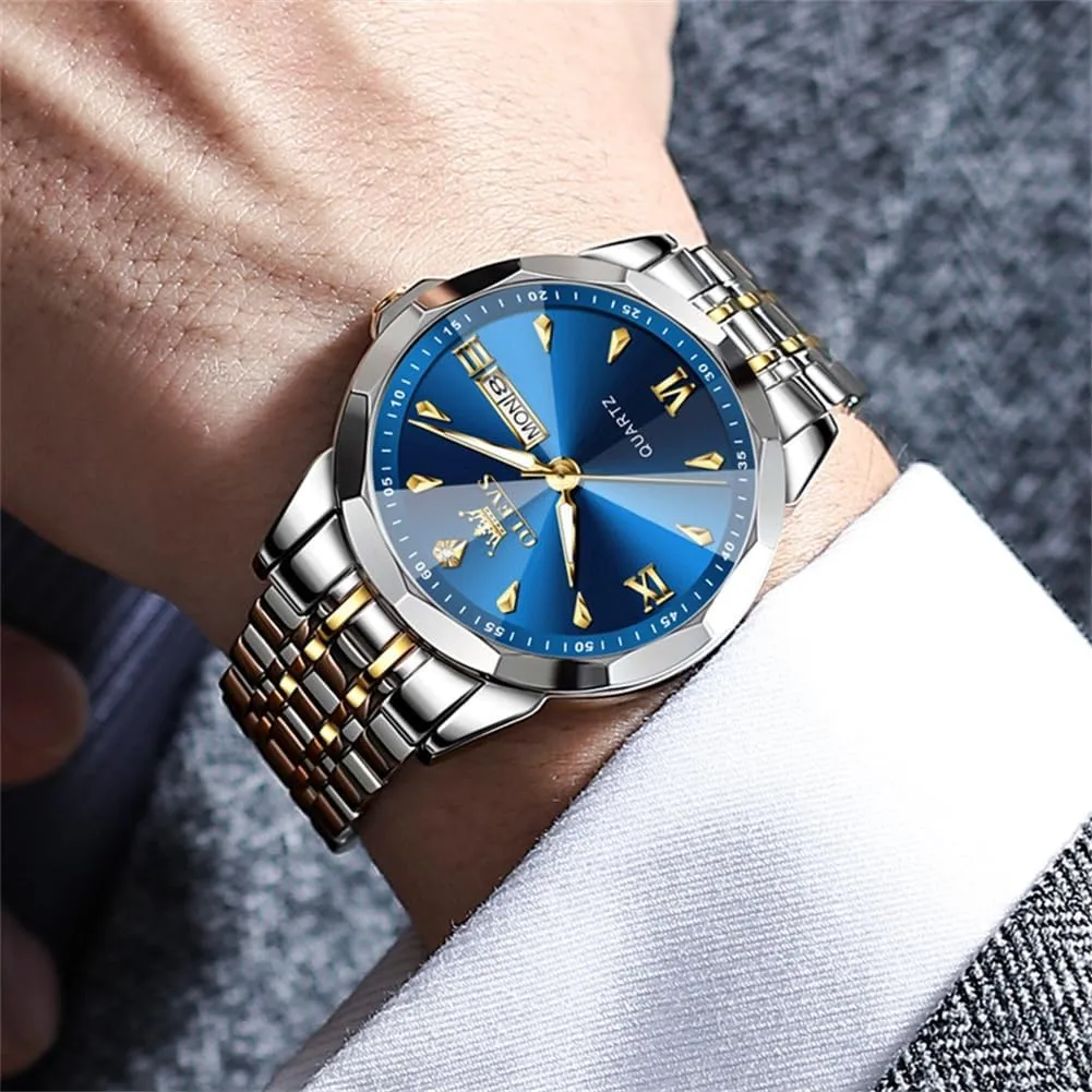 OLEVS Watch for Men Analog Quartz Business Dress Diamond Watches Stainless Steel Waterproof Moon Phase Calendar Man Watches