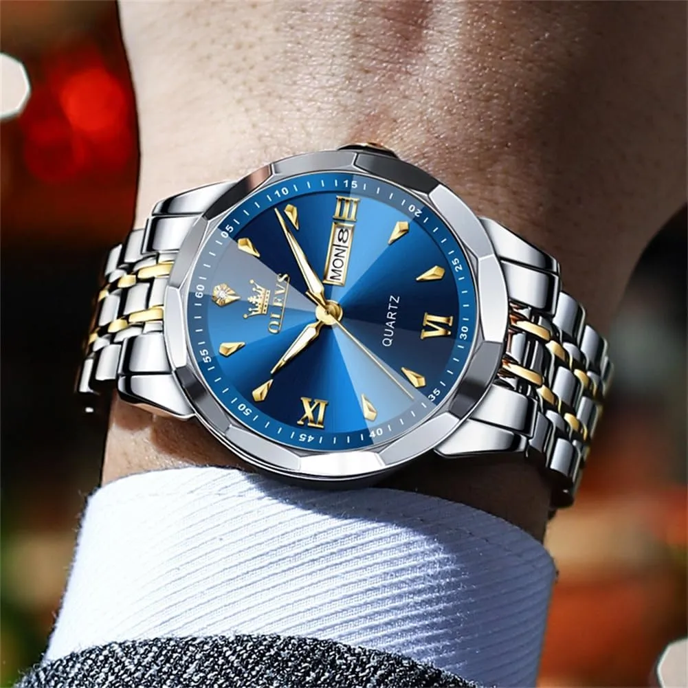 OLEVS Watch for Men Analog Quartz Business Dress Diamond Watches Stainless Steel Waterproof Moon Phase Calendar Man Watches