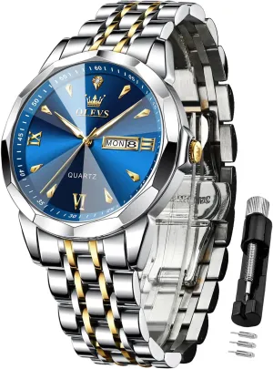 OLEVS Watch for Men Analog Quartz Business Dress Diamond Watches Stainless Steel Waterproof Moon Phase Calendar Man Watches