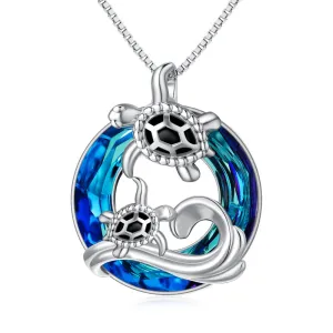 Sea Turtle Jewelry S925 Sterling Silver Ocean Beach Mother Child Turtle with Blue Crystal Necklaces Gift for Women Her Girl Mom Daughter Grandma Birthday Anniversary Mother's Day