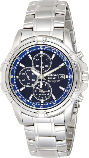 SEIKO SSC141 Watch for Men - Blue Dial with Solar Chronograph, Date Calendar, and LumiBrite Hands, Stainless Steel and Water-Resistant to 100m