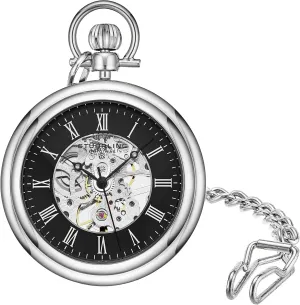 Stuhrling Original Men's Pocket Watch Stainless Steel Analog Skeleton Watch Hand Wind Mechanical Movement Stainless Steel Chain
