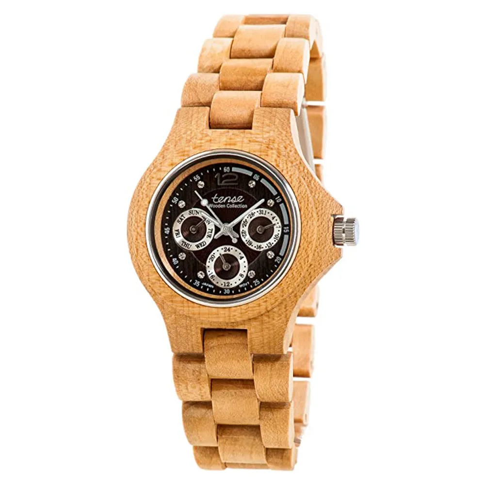 Tense Mens Wood Framed Maple Triple Dial Round Watch - G4300M-W