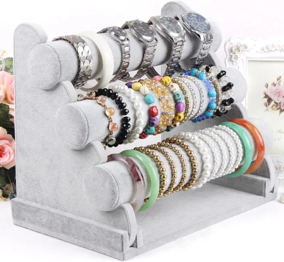 Triple Bracelet Holder Velvet Jewelry Display Stand – 3-Tier Watch, Bangle, and Necklace Storage Organizer, Gray Ice Velvet