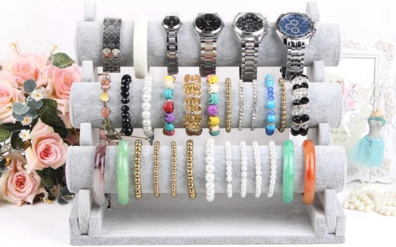 Triple Bracelet Holder Velvet Jewelry Display Stand – 3-Tier Watch, Bangle, and Necklace Storage Organizer, Gray Ice Velvet