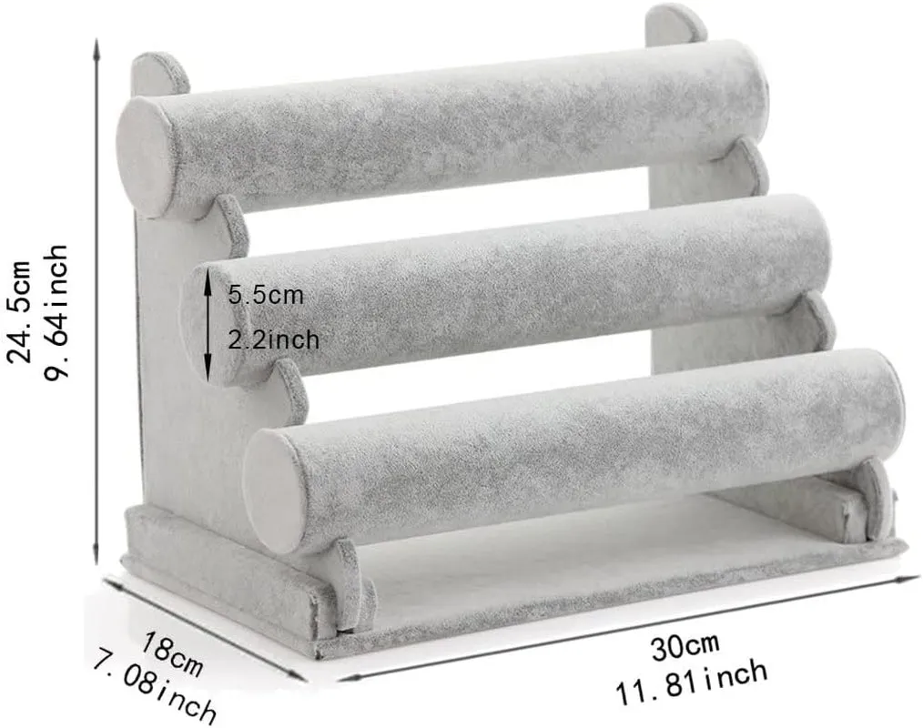 Triple Bracelet Holder Velvet Jewelry Display Stand – 3-Tier Watch, Bangle, and Necklace Storage Organizer, Gray Ice Velvet