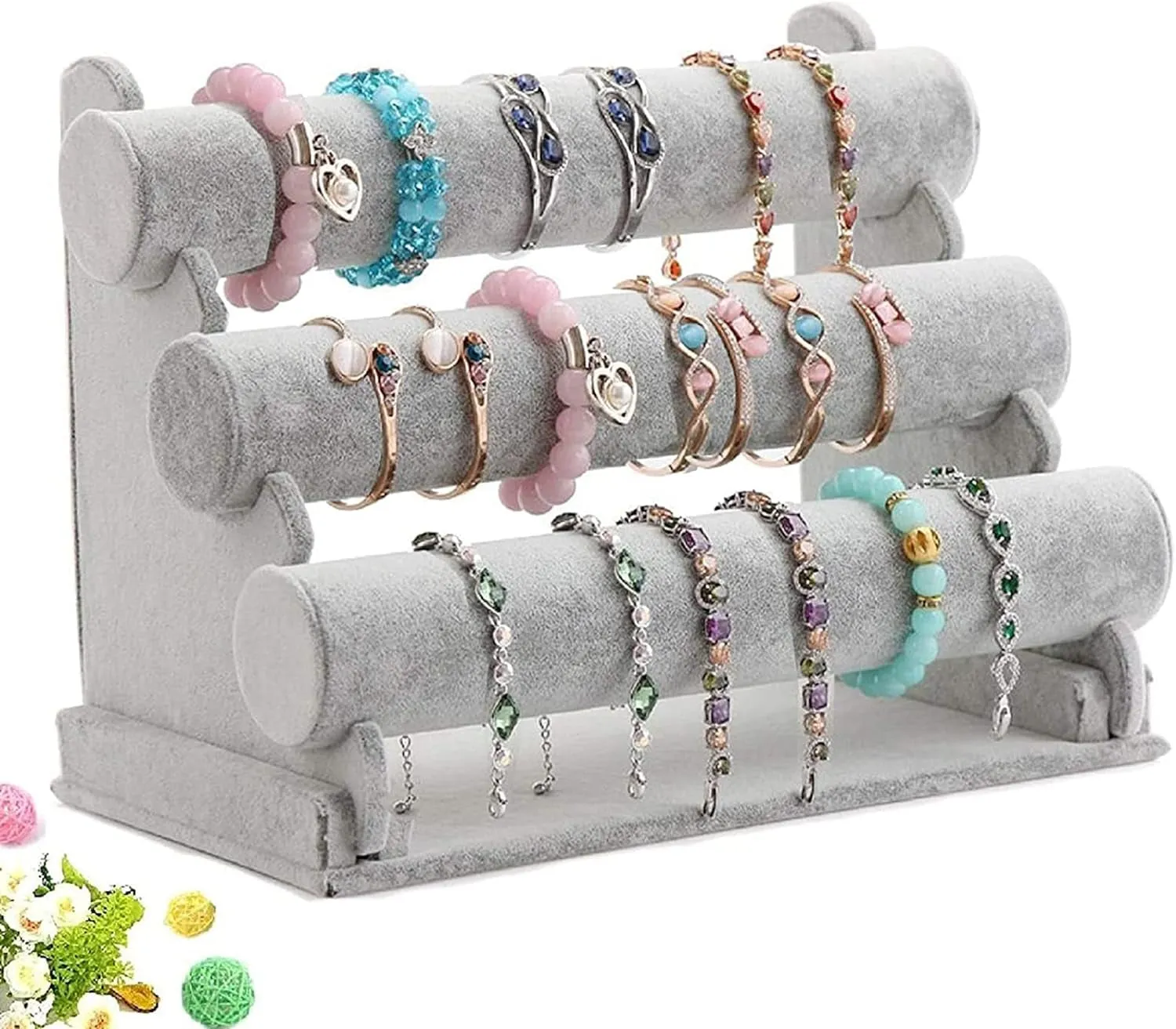 Triple Bracelet Holder Velvet Jewelry Display Stand – 3-Tier Watch, Bangle, and Necklace Storage Organizer, Gray Ice Velvet