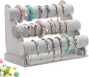 Triple Bracelet Holder Velvet Jewelry Display Stand – 3-Tier Watch, Bangle, and Necklace Storage Organizer, Gray Ice Velvet