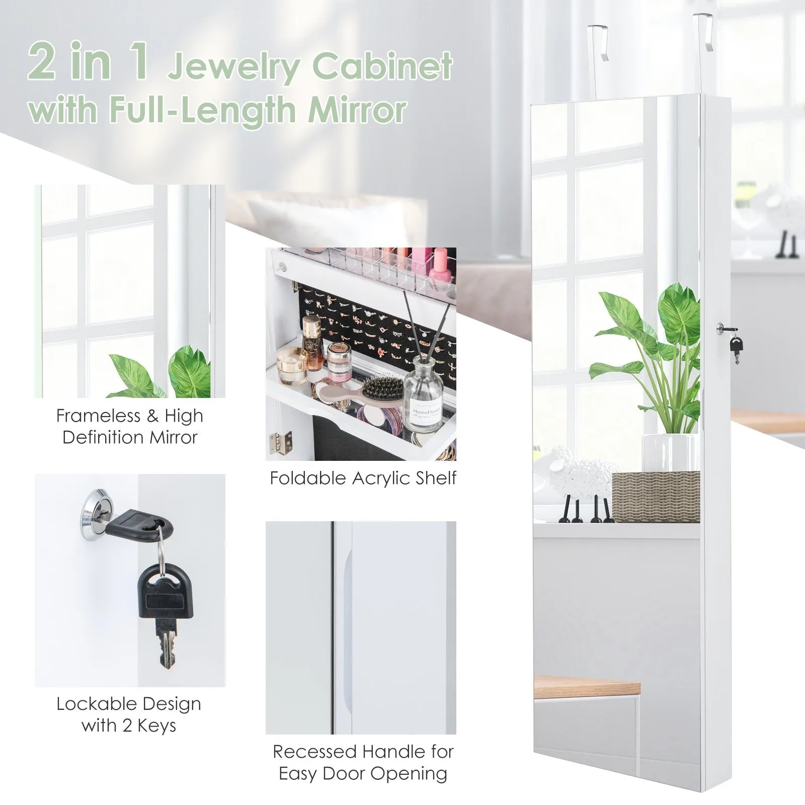 Wall Mounted Door Hanging Jewelry Armoire with Full-Length Mirror and 3-Color Lights-White