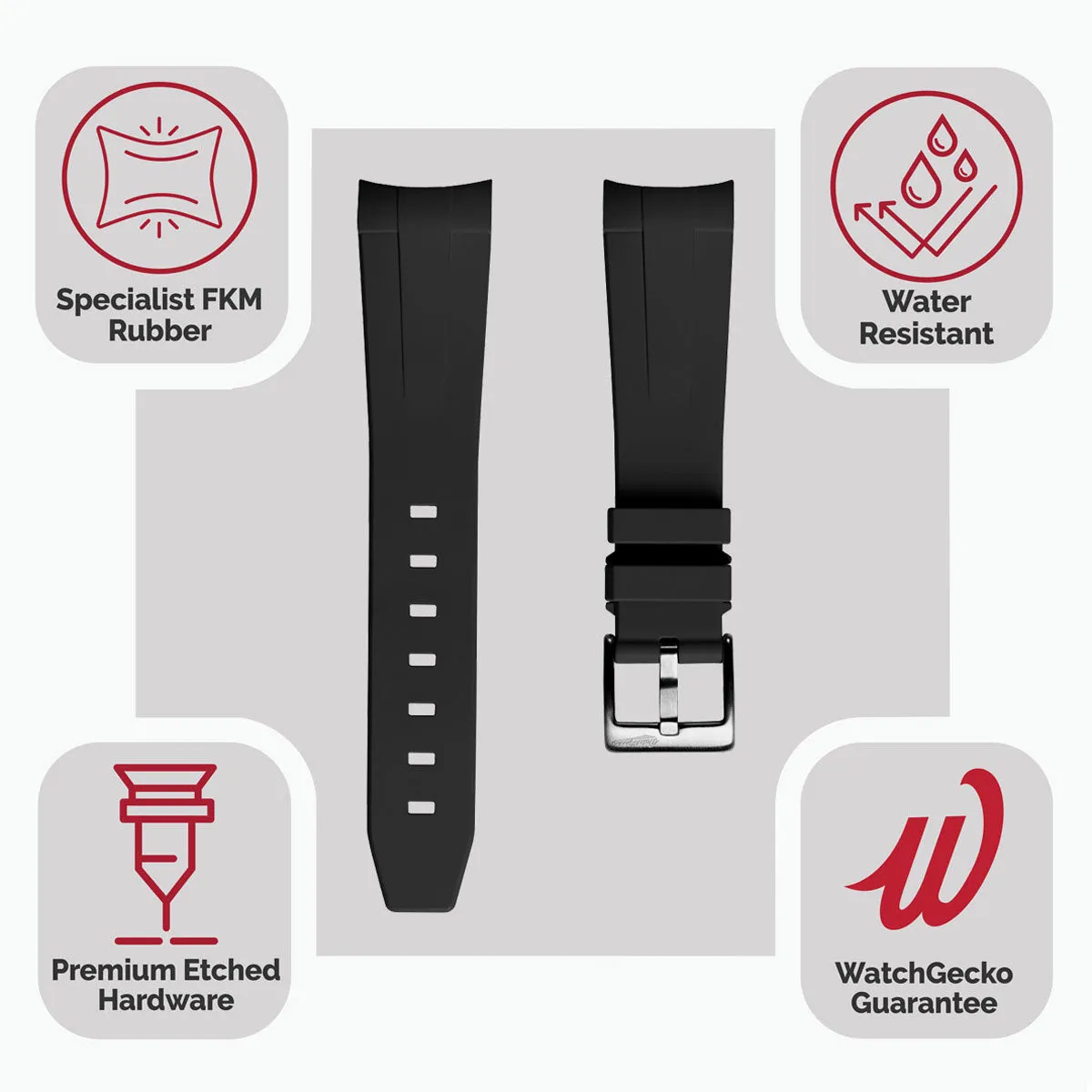 WatchGecko Curved Ends  Rubber Watch Strap - Black