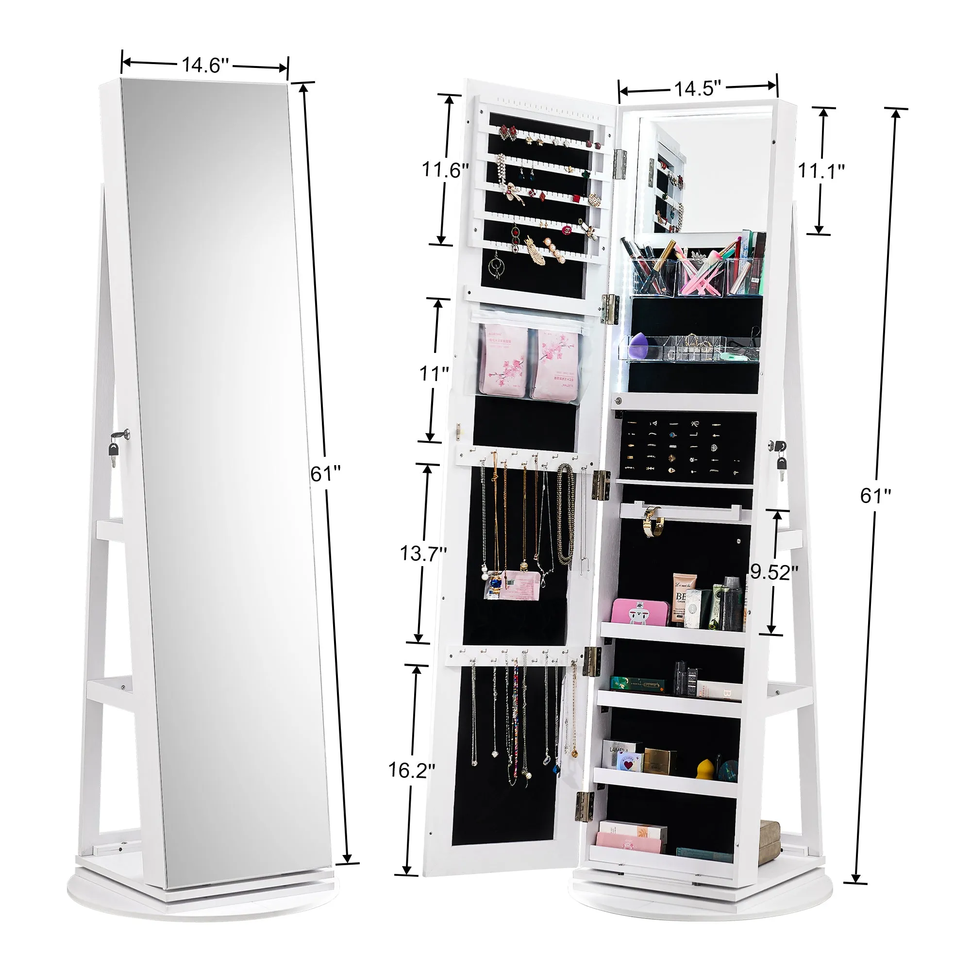 White Full Length Mirror with Jewelry Storage