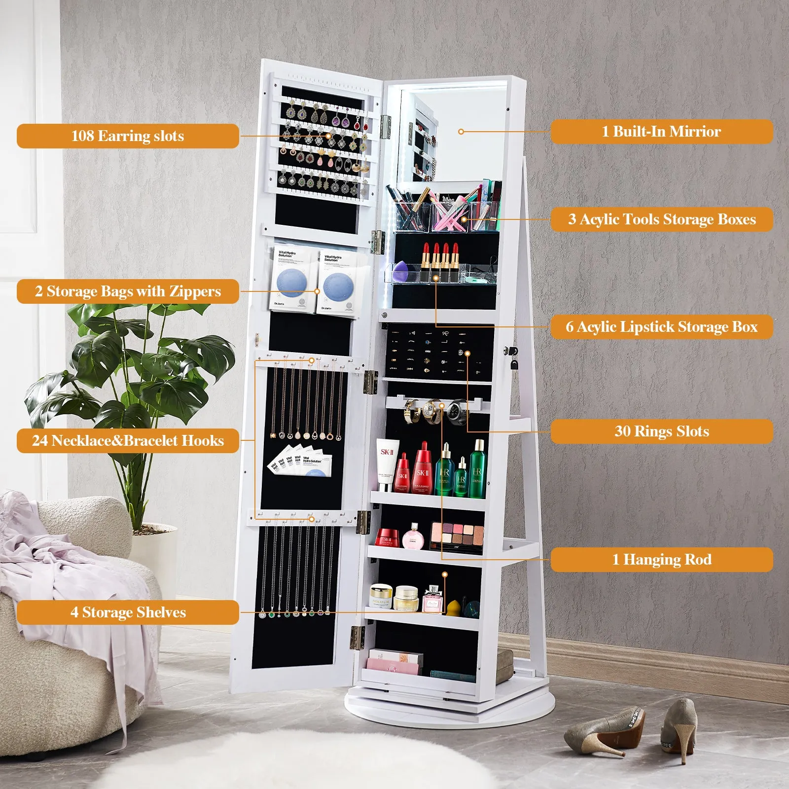 White Full Length Mirror with Jewelry Storage