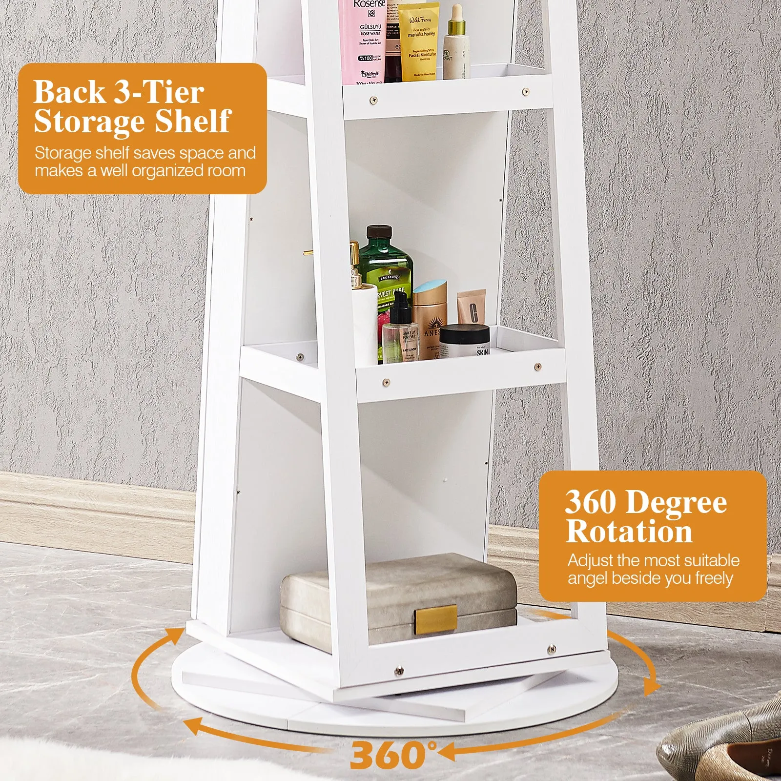 White Full Length Mirror with Jewelry Storage