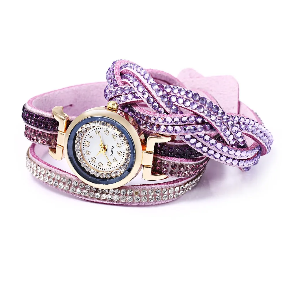 Women Bracelet Quartz Wrist Watch Round Shaped Rhinestone Decorated Fastener Stainless Steel Leather Band