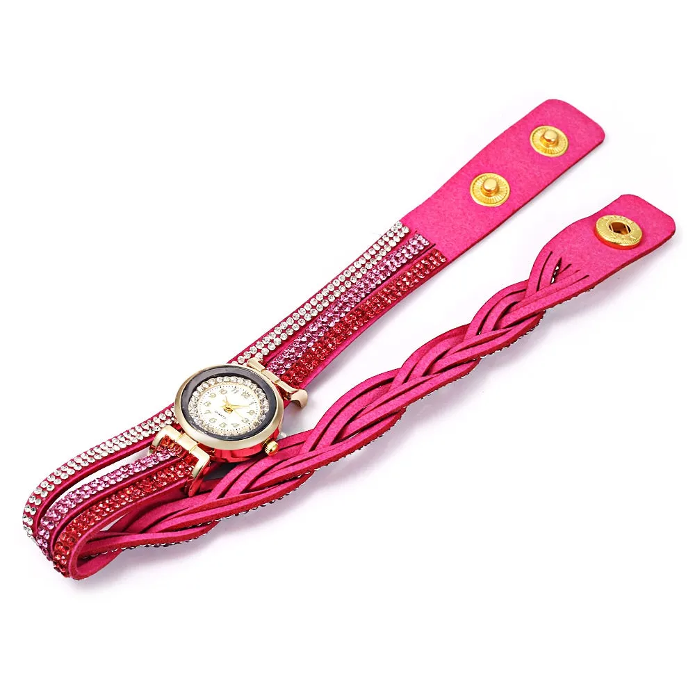 Women Bracelet Quartz Wrist Watch Round Shaped Rhinestone Decorated Fastener Stainless Steel Leather Band