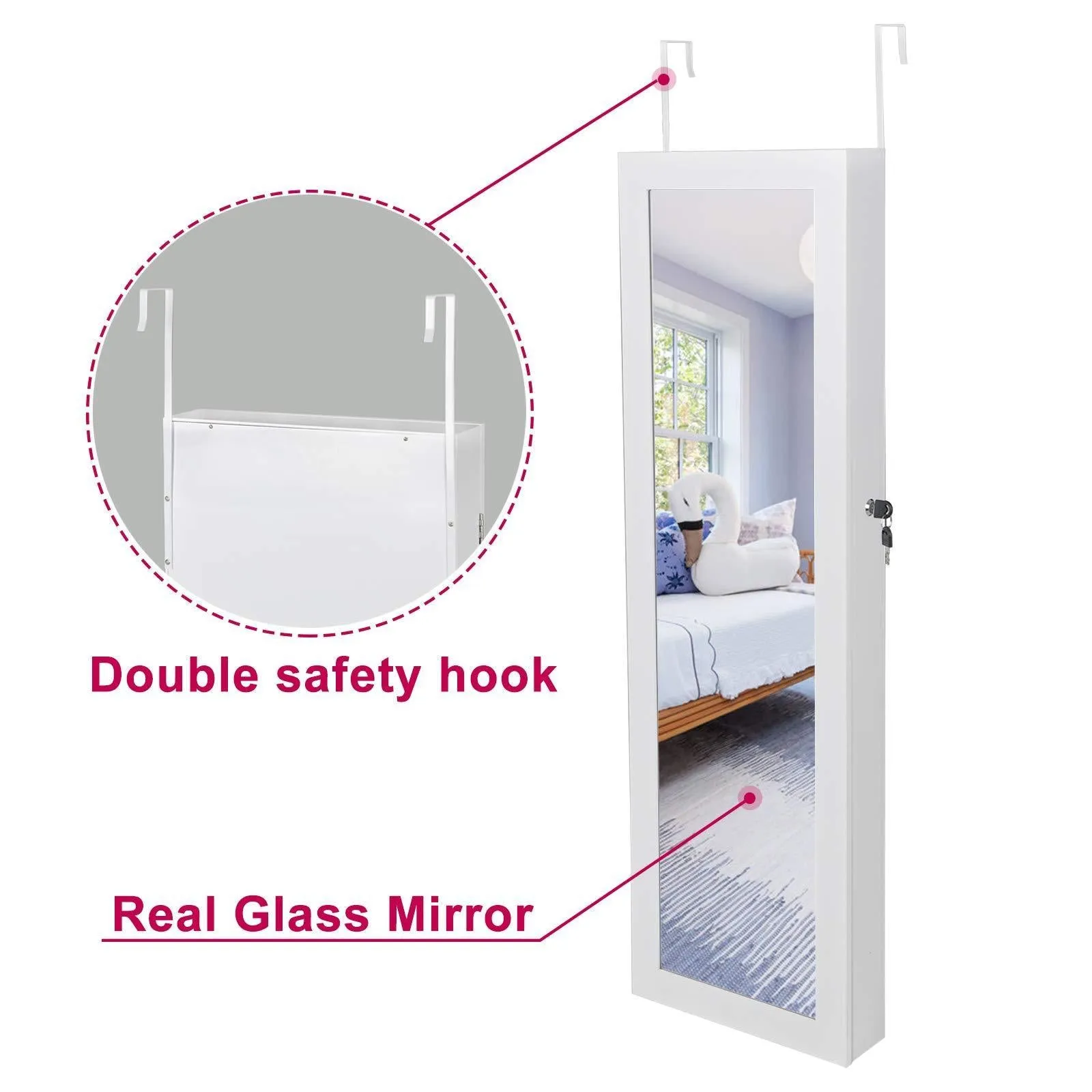 ZENSTYLE Jewelry Armoire Lockable Wall/Door Mounted Jewelry Organizer with Mirror and Drawers Jewelry Cabinet for Bracelet Ring Necklace Earring Watch Makeup Sunglasses