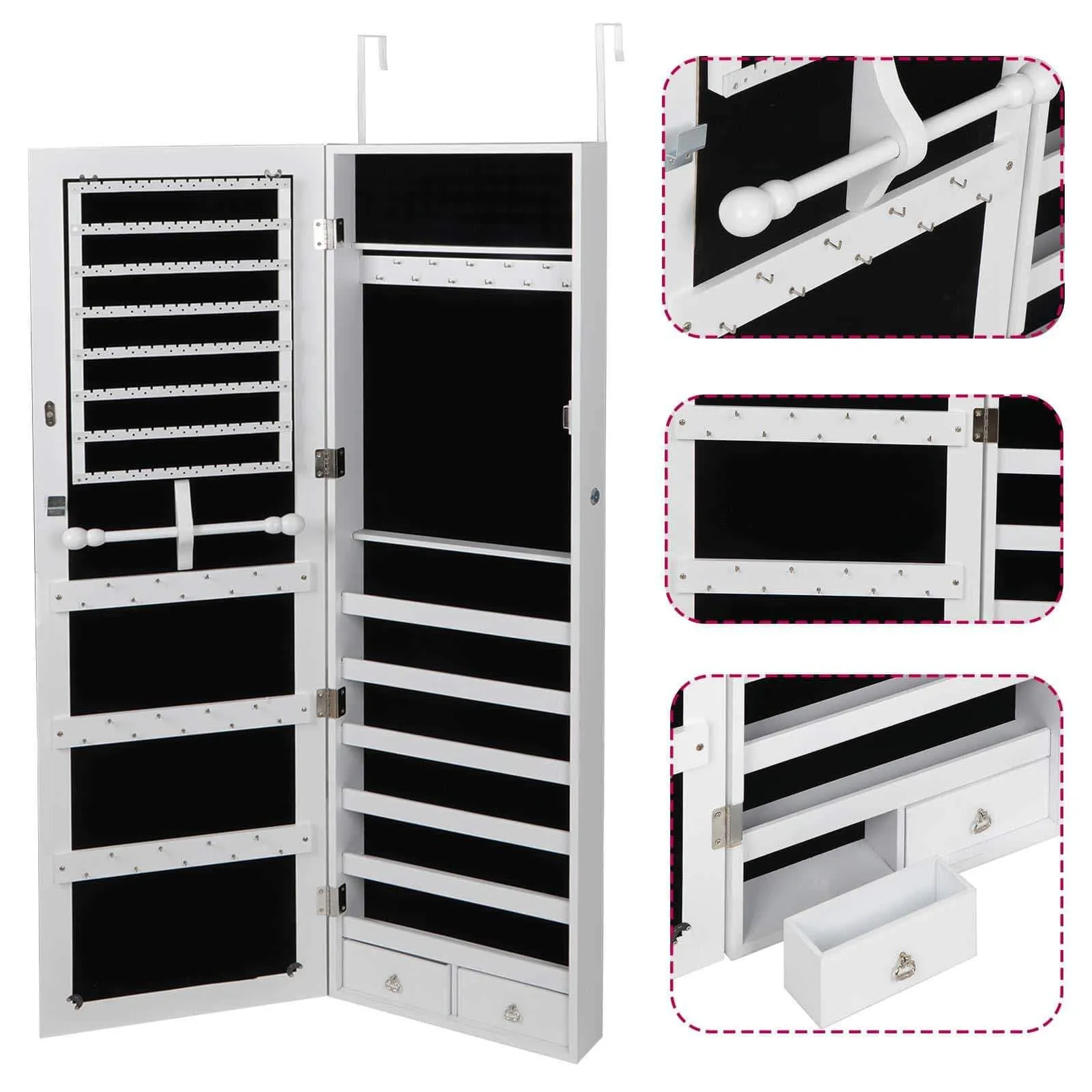 ZENSTYLE Jewelry Armoire Lockable Wall/Door Mounted Jewelry Organizer with Mirror and Drawers Jewelry Cabinet for Bracelet Ring Necklace Earring Watch Makeup Sunglasses