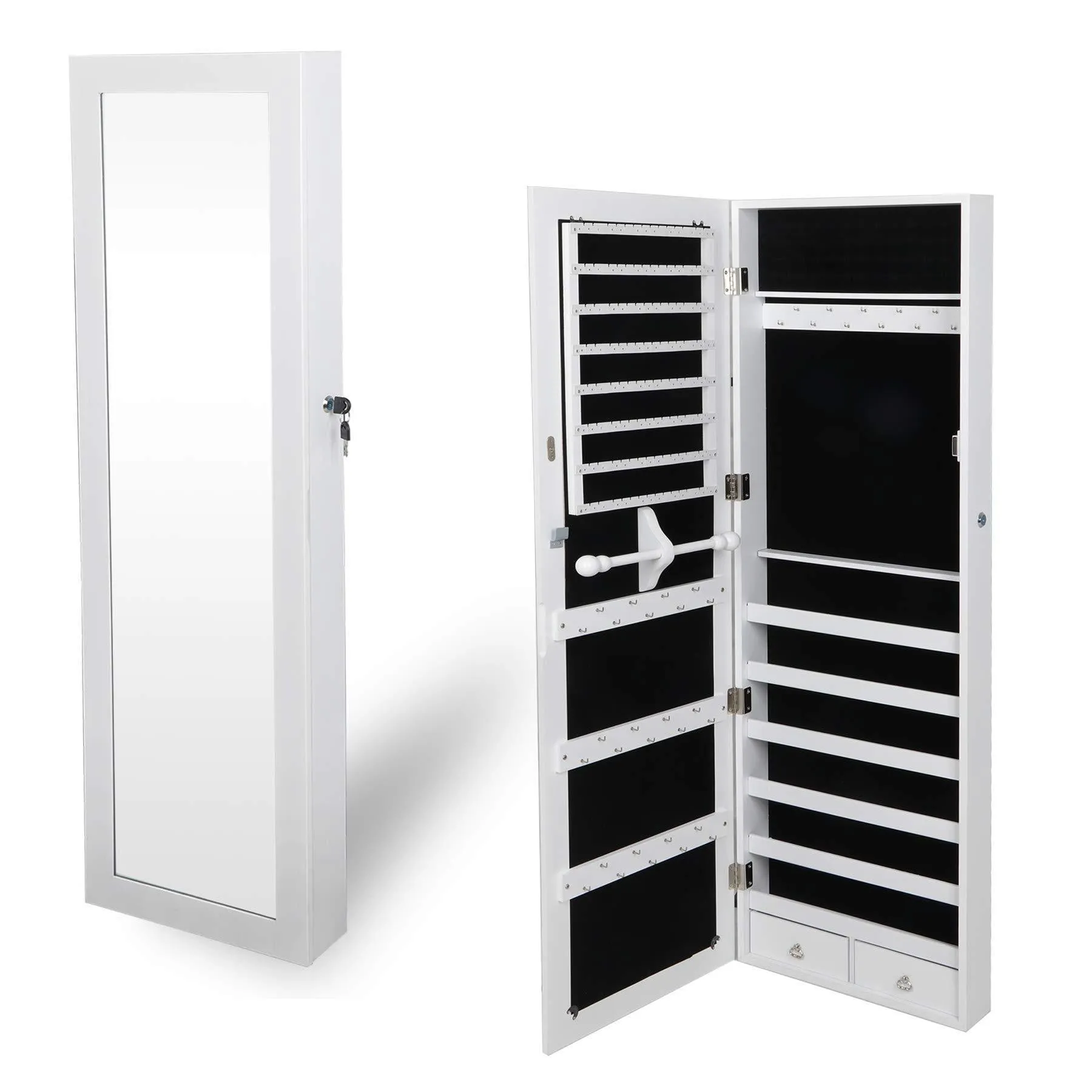 ZENSTYLE Jewelry Armoire Lockable Wall/Door Mounted Jewelry Organizer with Mirror and Drawers Jewelry Cabinet for Bracelet Ring Necklace Earring Watch Makeup Sunglasses